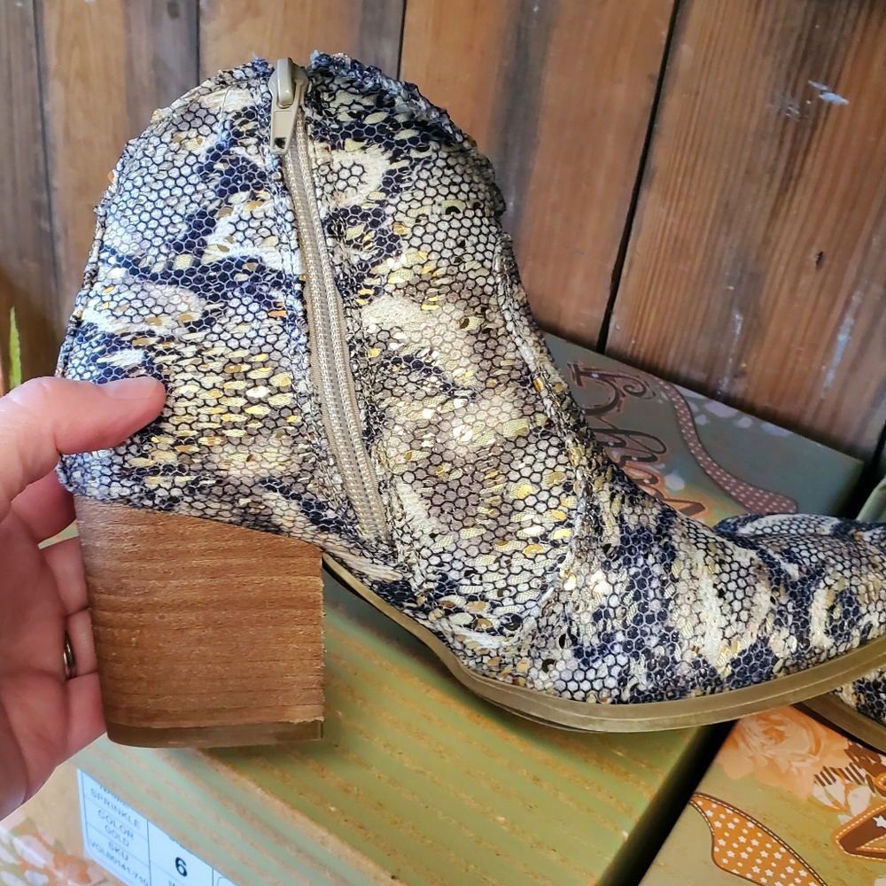 Very G Bootie Sprinkle Snake print with Gold Sequin Detail.